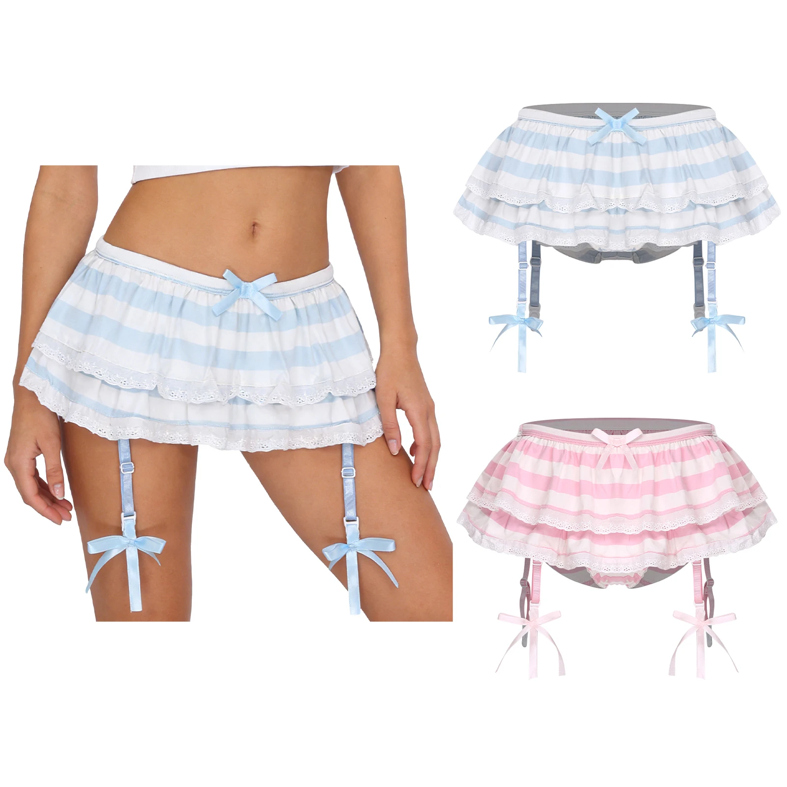 Sexy Dames Culottes Korte Rok Anime-stijl Minirok Ingebouwde Slips Gelaagde Gestreepte Zoom met Kanten Rand Boog Decor Jarretels Riem