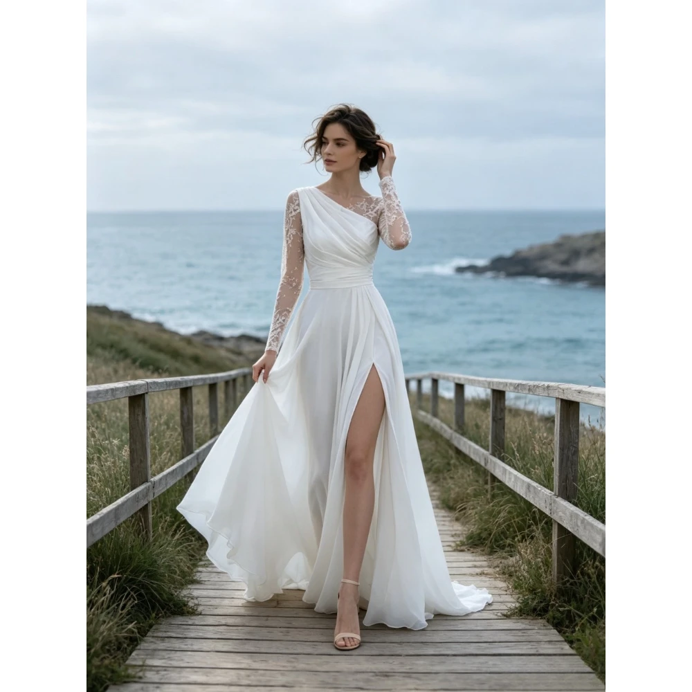 Customized One Shoulder Lace Long Sleeved Chiffon Bohemian Wedding Dress High Seam Pleated Corset 2026 Elegant Beach Bridal Gown