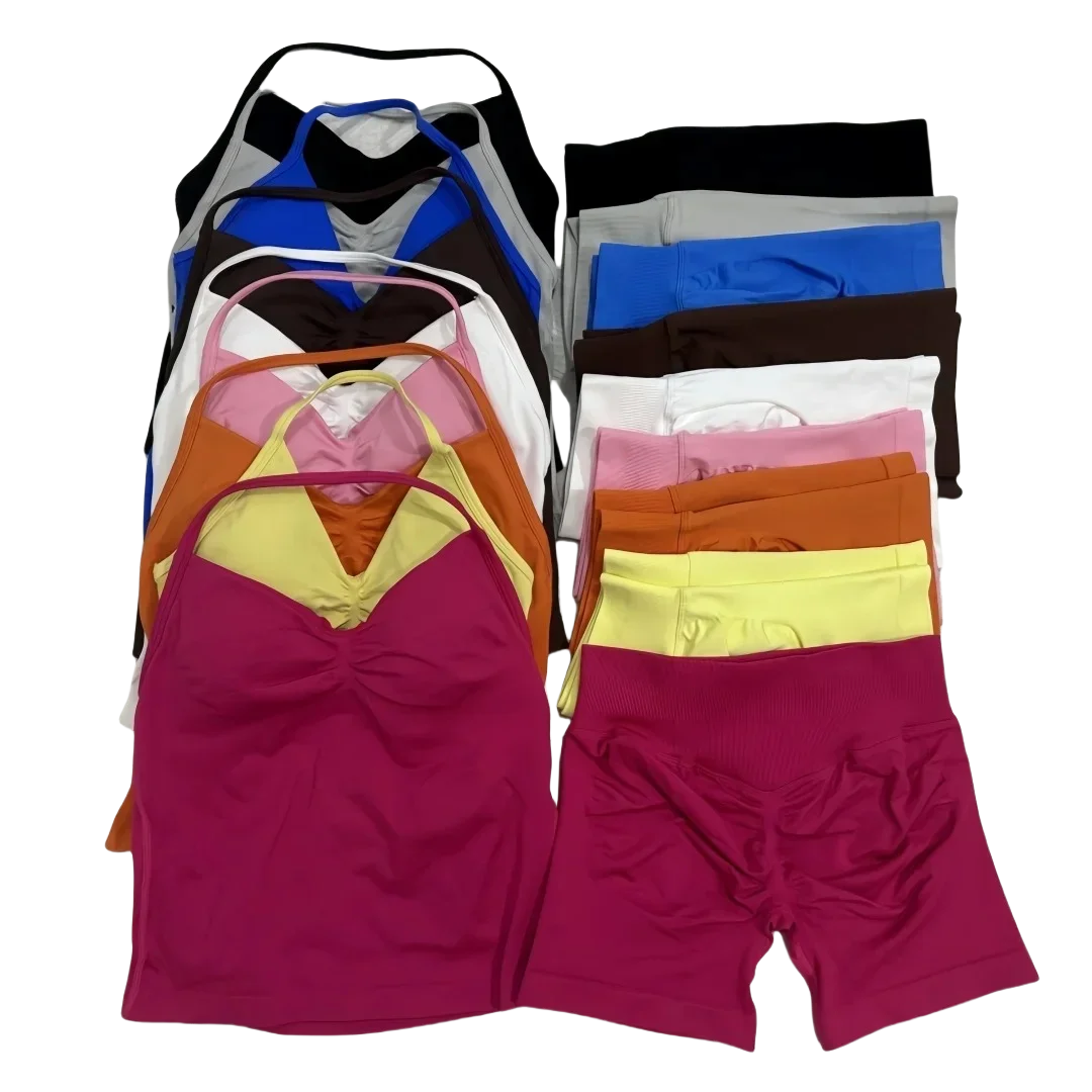 

Бесшовная спортивная одежда для работы против сопротивления, женская мягкая майка с лямкой на шее, спортивные шорты для подтяжки ягодиц, комплект летних шорт для йоги