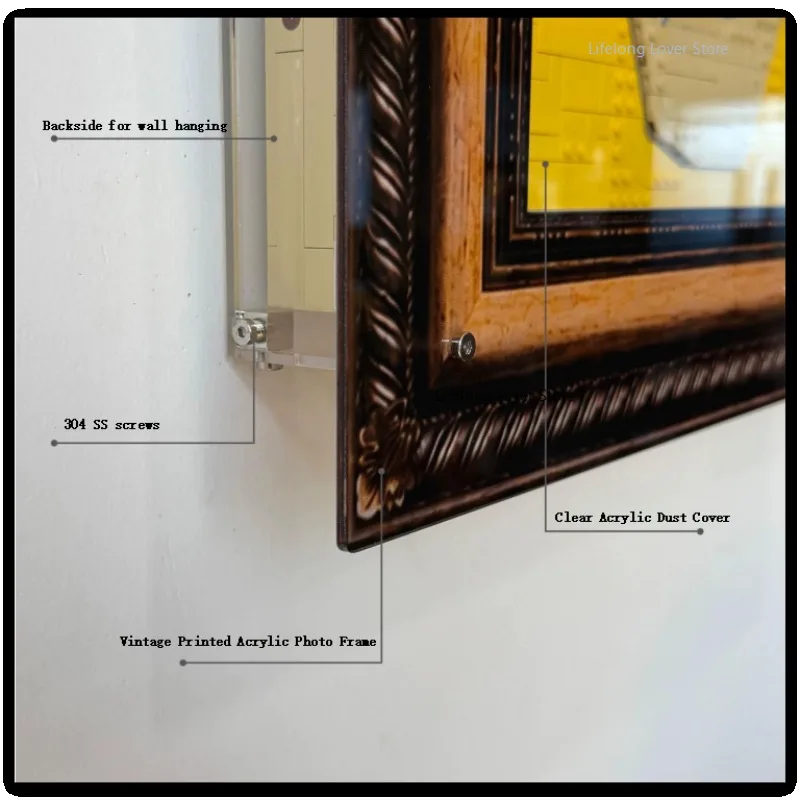 Wall Mount Vintage Printed Acrylic Display Frame for 31215 ，Clear Dust Cover & 304 Stainless Steel Screws, Bricks Not Included
