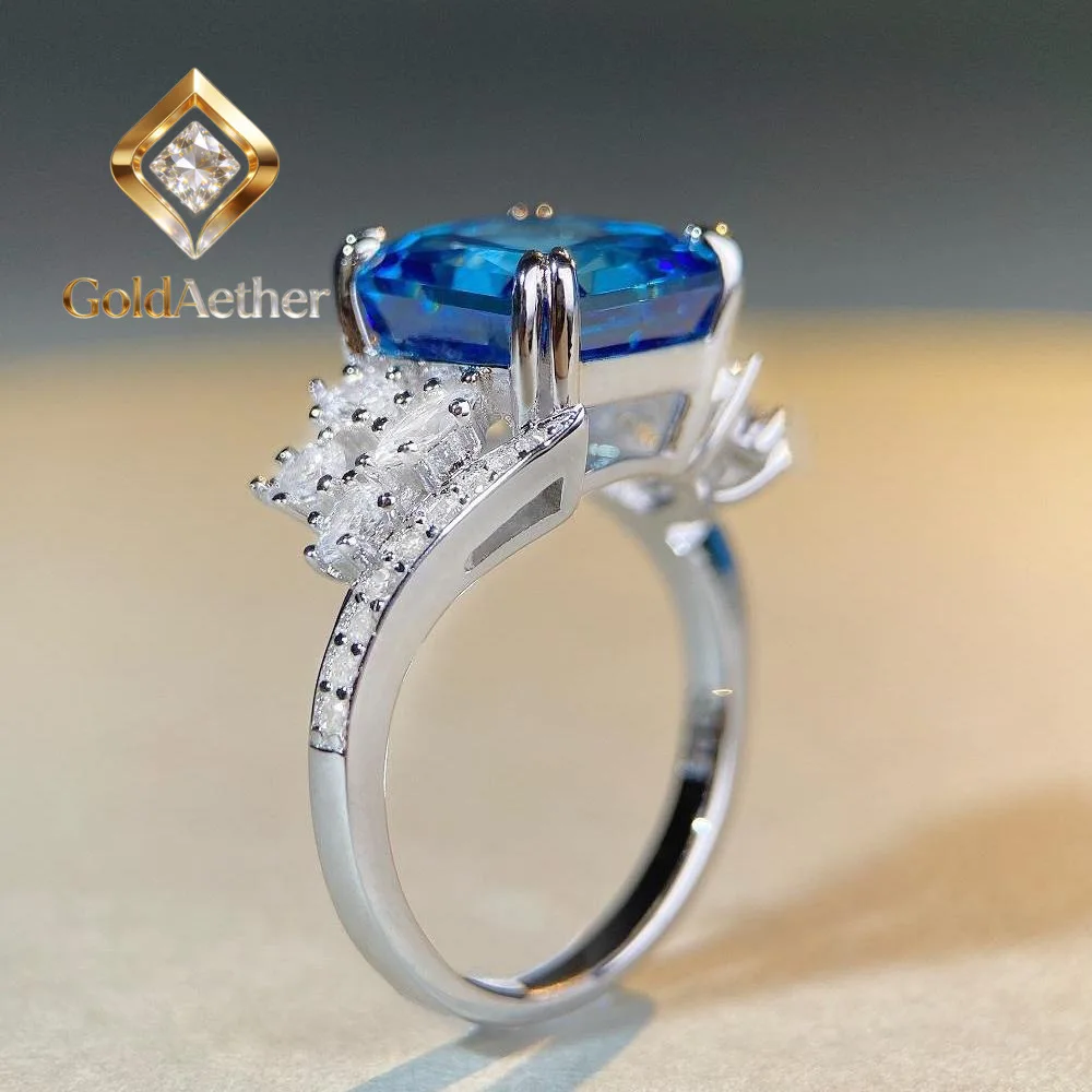 

GoldAether Luxury white gold solid platinum PT950 Women's Deep Sea Blue Treasure Ring Full Diamond Ring