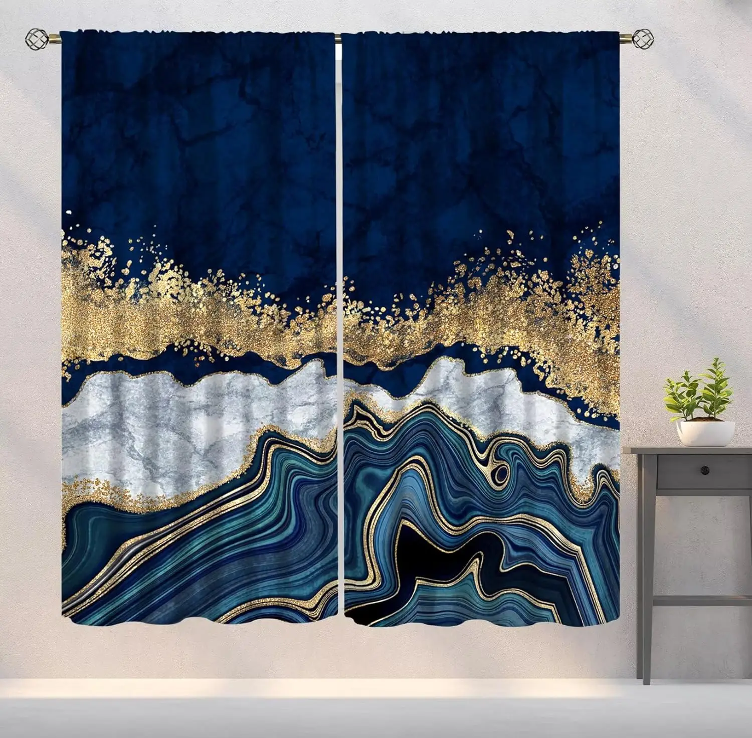 Navy Blue Marble Blackout Curtains Abstract Modern Silver Gold Cracked Art Printed Window Drapes for Bedroom Room Decor Fabric