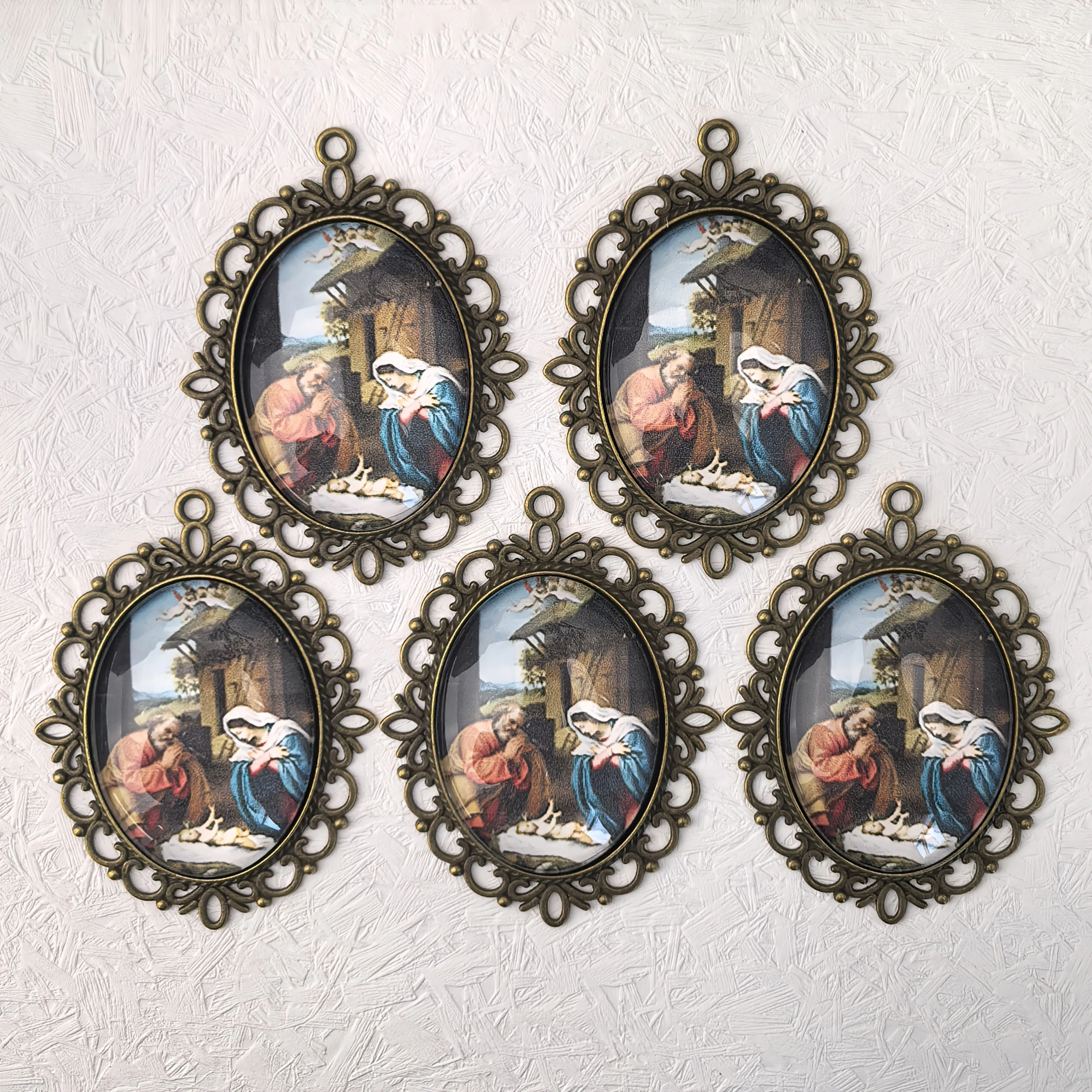5Pcs Antique Bronze Lace Hollow Oval Charms, Unisex Holy Family Nativity Religious Badge, Handmade Convex Glass Devotional Penda