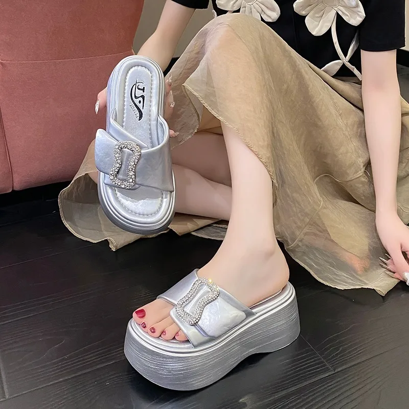 6CM Heels Chunky Sandals Women Slip On High Platform Beach Slippers Woman Summer Thick Bottom Leather Flip Flops Sandalias Mujer