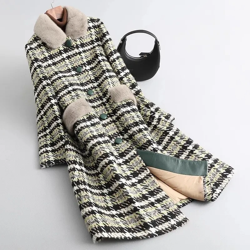 

2023 New Autum Winter White Duck Down Tweed Wool Jacket Women Overcoat Mink Fur Down Jacket Female Long Thick Warm Woolen Coat