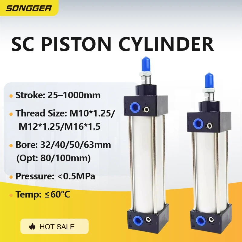 أسطوانة هوائية قياسية SC63 مزدوجة الفعل شوط 25-500 ملم قوة عالية هيكل ألومنيوم مدمجة توصيل سريع للتطبيقات الصناعية
