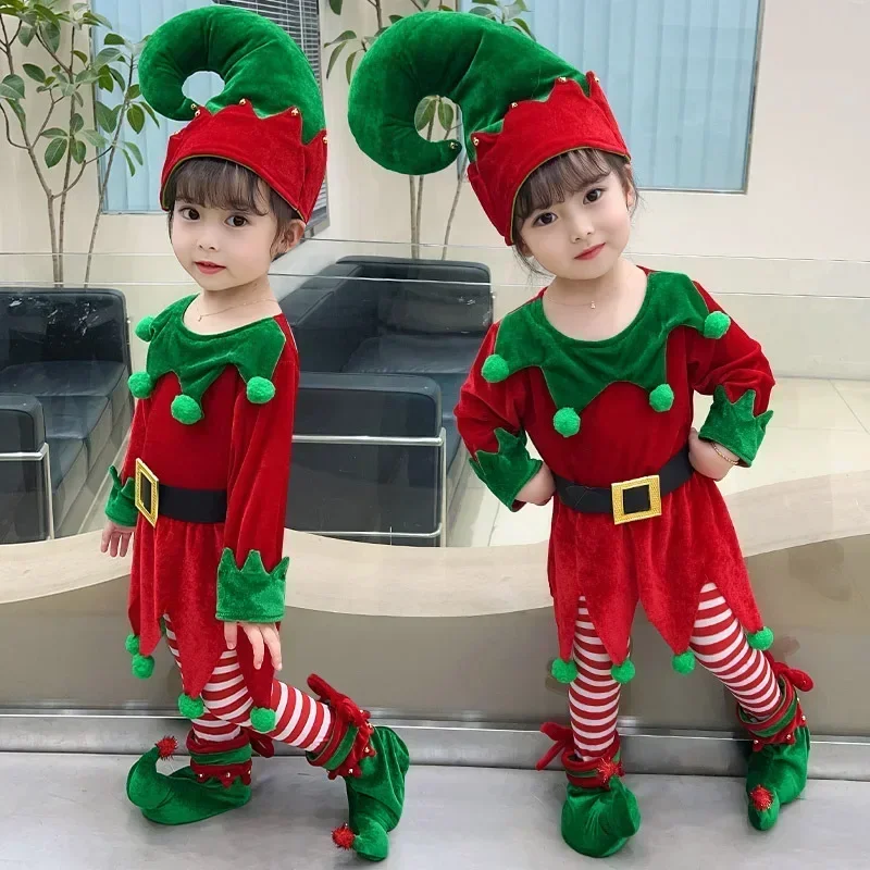 Fantasia Capodanno Verde Vestito da Babbo Natale Costume da Elfo per Bambini Ragazza Set con Cappello Bambini Festa di Natale Abito Set Performance 2025