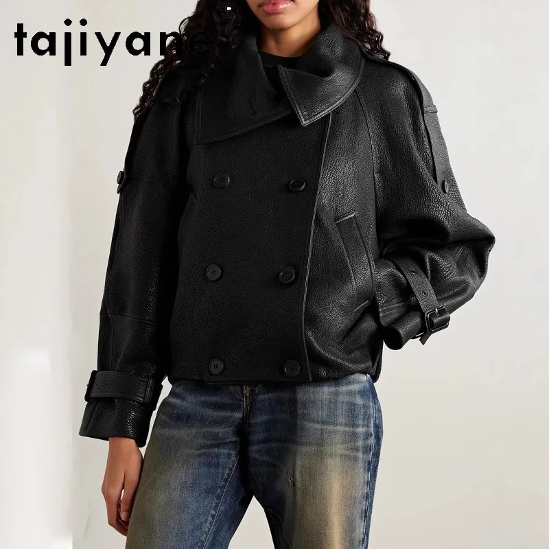 TAJIYANE Genuine Leather Jacket Women Goat Crust Leather Outerwear Double Breasted Black Jackets Leather Coat Casual Jaqueta New