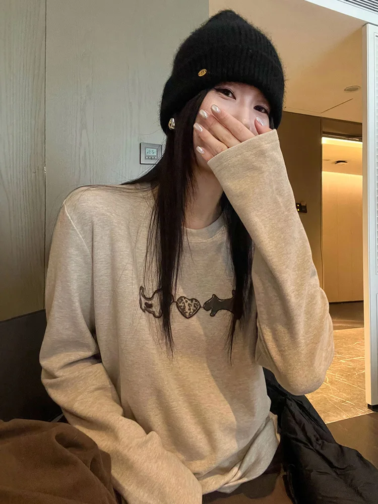 Ele Long Sve T-shirt rotonda ricamata Ne da donna Autunno Inverno Design unico Abbigliamento interno Base Top Semplice Sle Cartoon