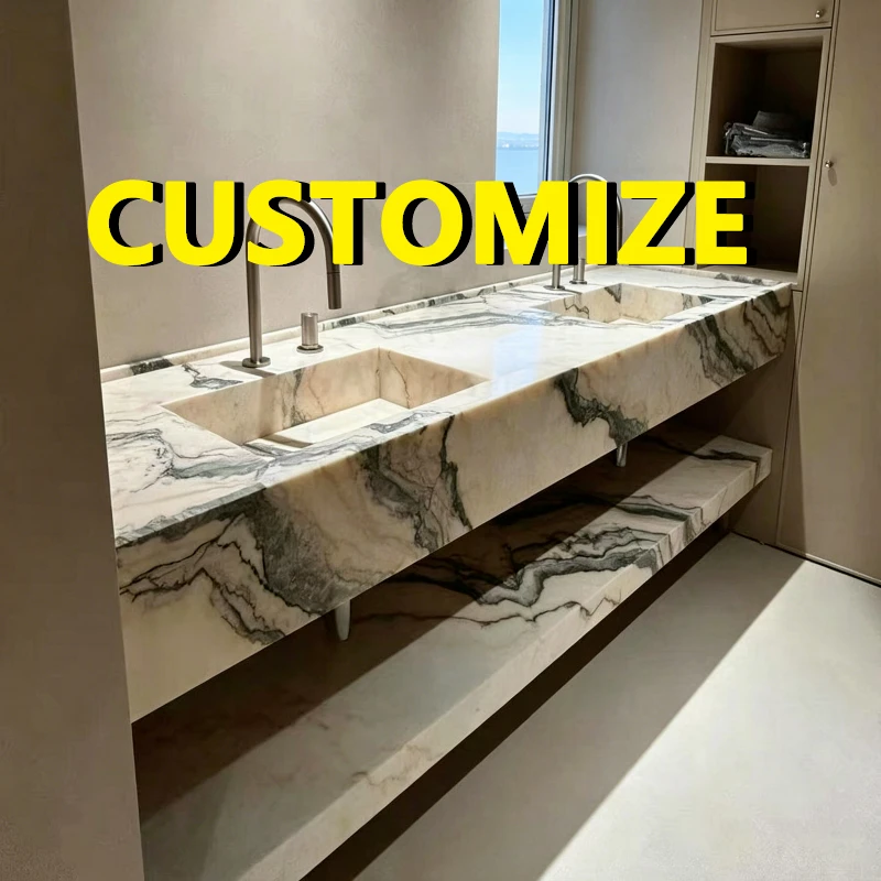 Any Size Custom French Elegant Smoky Pink Marble Sink Soft Mist Gradient Veins Multi Stone Choices Luxury Bathroom Vanity Decor