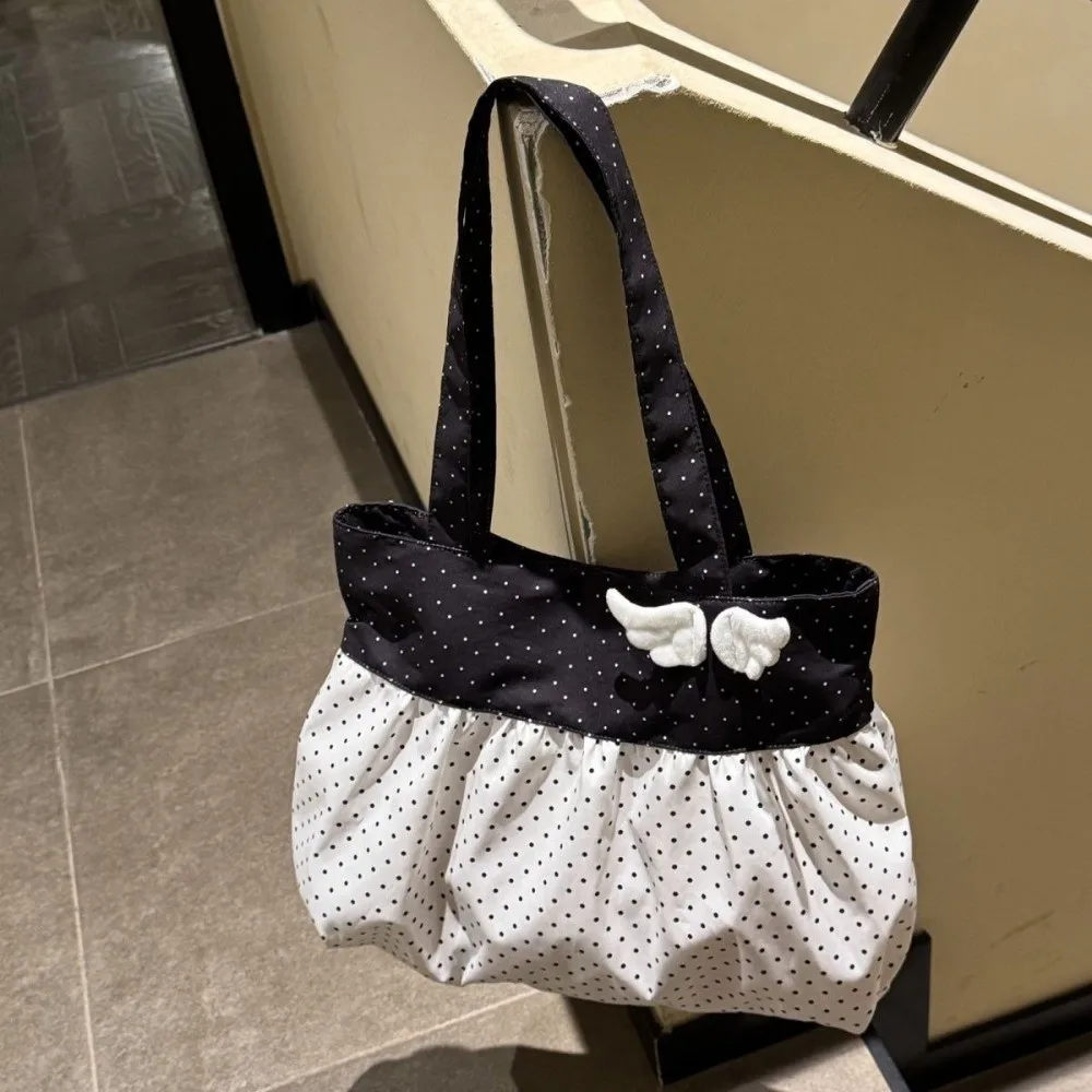 Vintage Wing Polka Dot Shoulder Bag Canvas Ruffled Retro Tote Bag Pleated Korean Style Underarm Bag Ladies