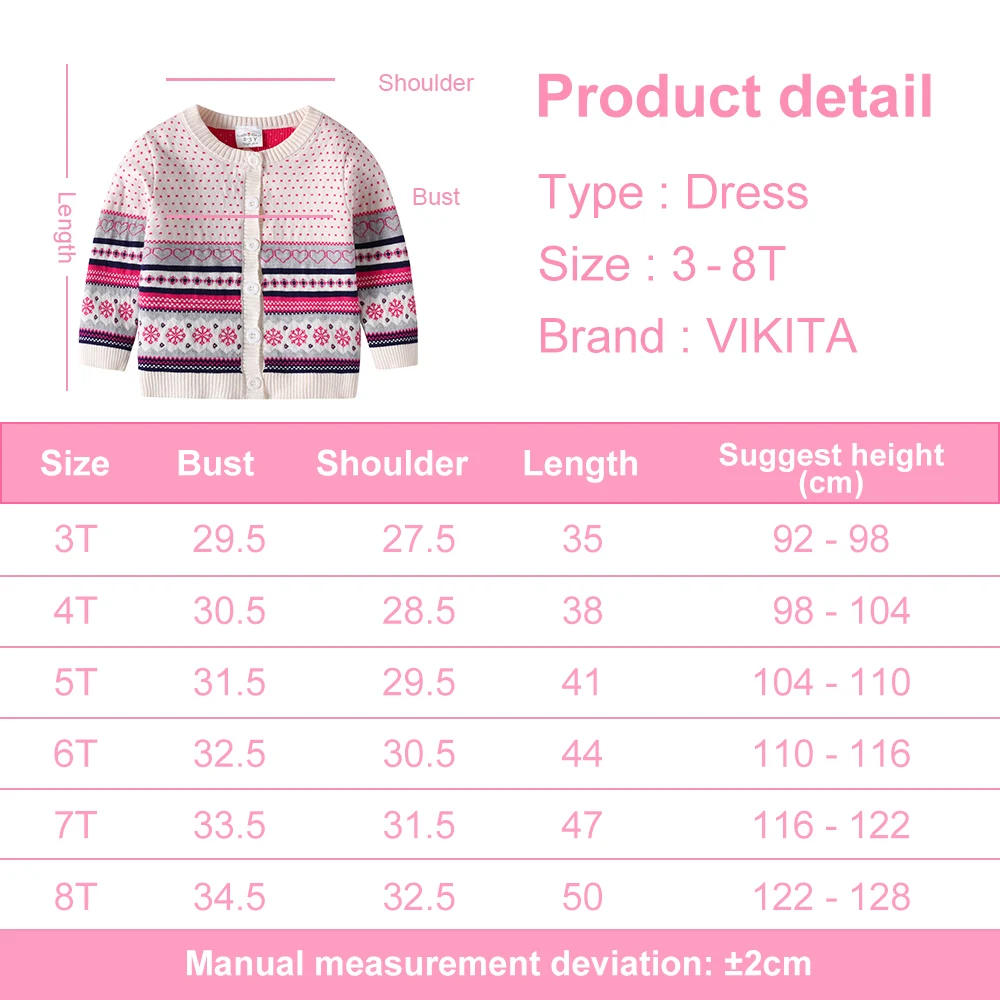 VIKITA Teenager Strickjacken Mädchen Schneeflocken Herzform Gestreift Lässige Mode Niedliche Pullover Kinder Mantel Oberbekleidung Tops Kostüme – Detail 1