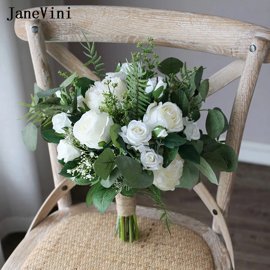 JaneVini Green Eucalyptus White Bride Holding Flowers for Wedding Natural Artificial Bridal Bridesmaid Wedding Bouquet De Fleur