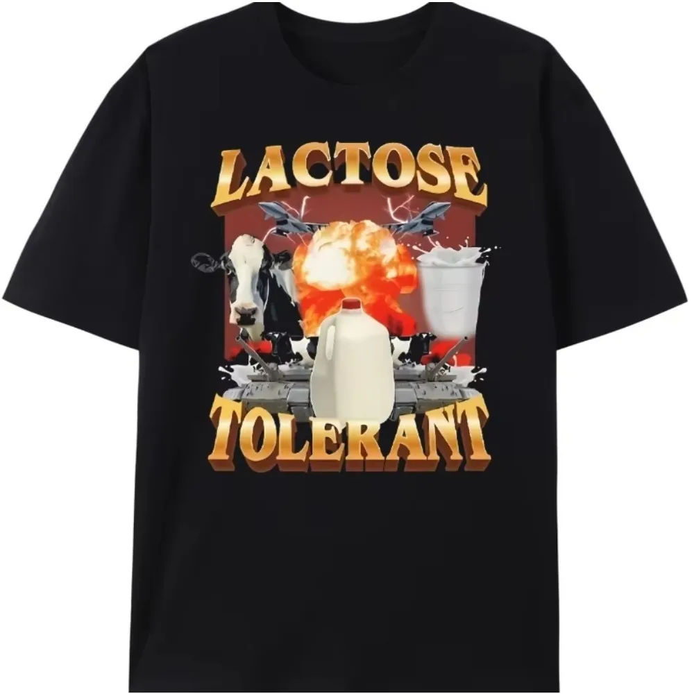 Lactose Tolerant Funny Meme T-Shirt Cow Milk Explosion Graphic Tee for Men Women Retro Hip Hop Style Outdoor Sports Breathable