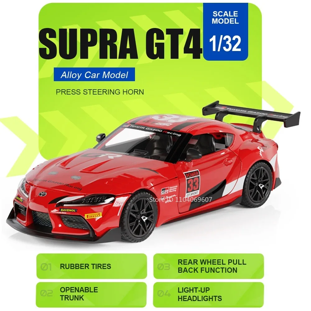 

1:32 SUPRA GT4 GR86 Model Supercar Toys Alloy Diecast Sound Light Doors Opened Pull Back Exquisite Body for Kids Holiday Gifts