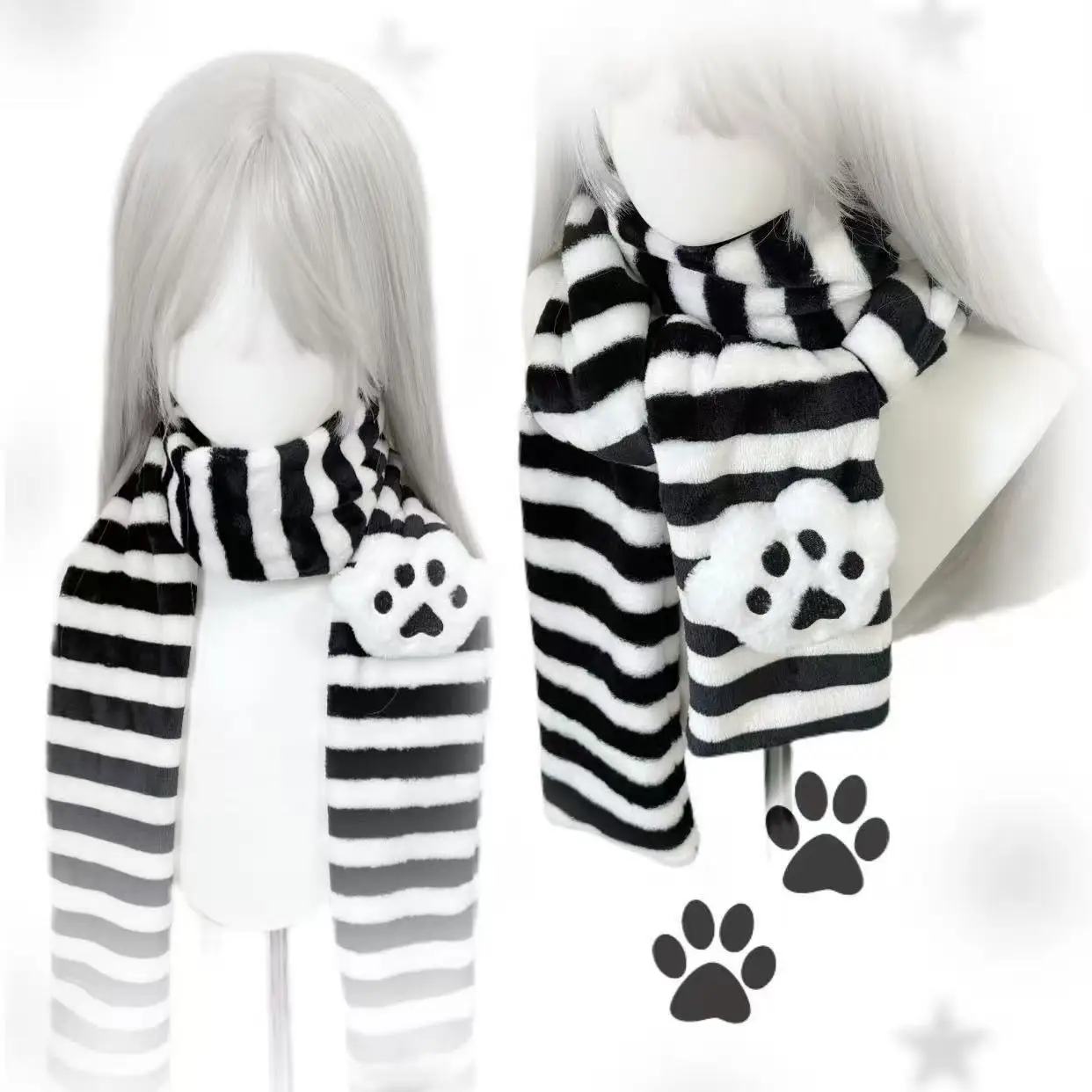 Subculture Y2K Original Striped Scarf Japanese Cute Removable Black and White Cat Claws Secondary Yuan Jk Girl Scarf