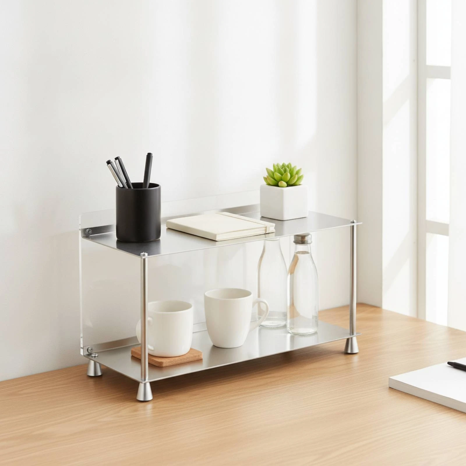 Desktop Storage Rack Open-Frame Desk Organizer Shelf Two-Tier Storage Rack Space-Saving Tabletop Display Shelf Sturdy for Office