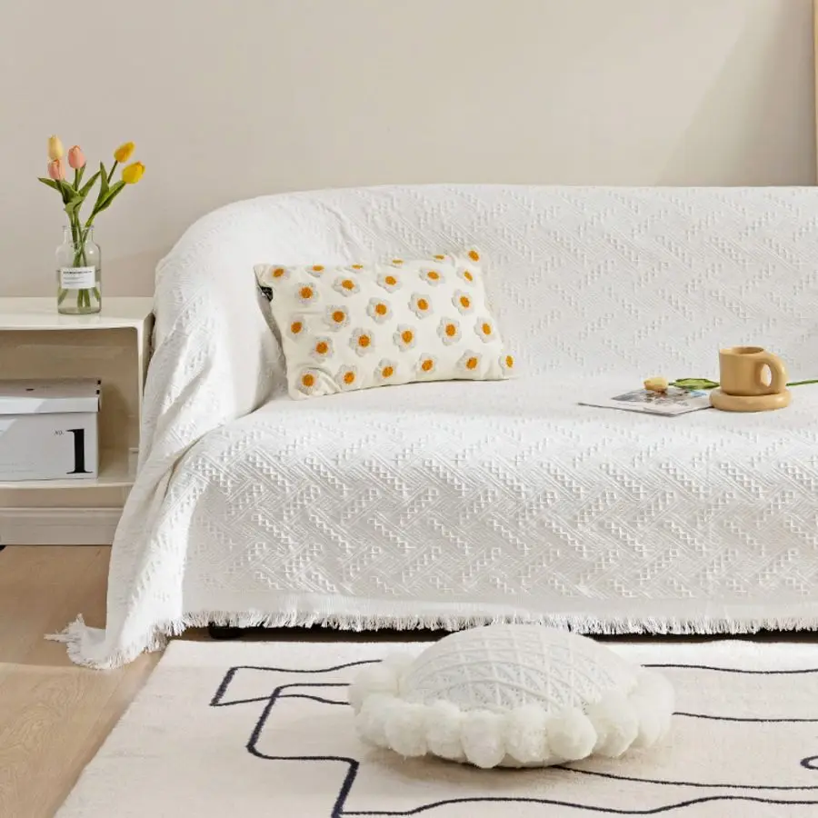 Sofa Slipcovers Towel Cover Cotton Knit Geometrical Couch Cover for 4 Seat Cushion Couch Furniture Pet Protector Stylish Throws