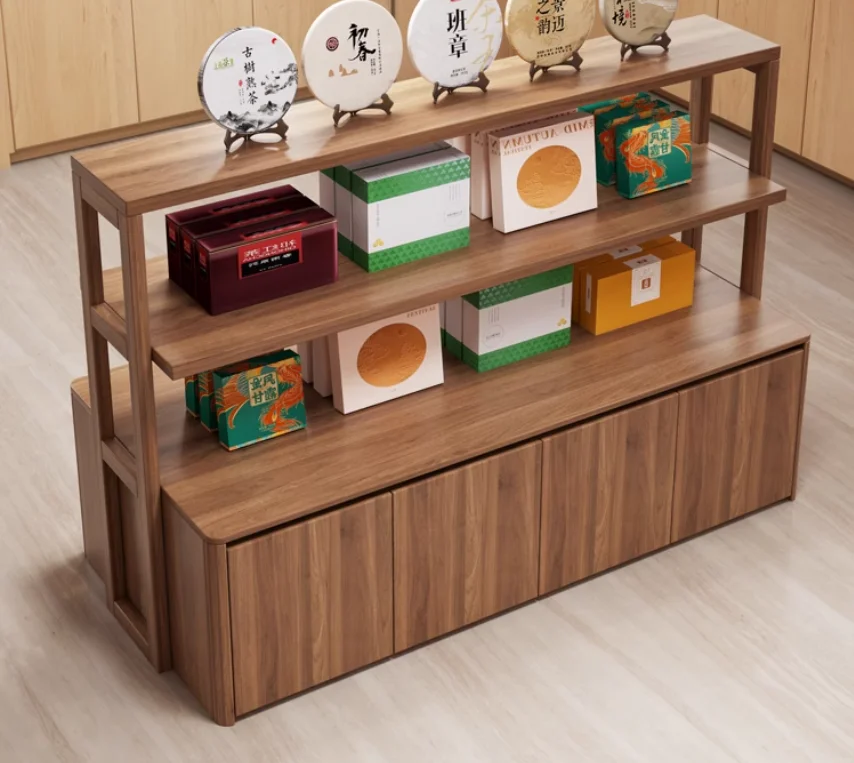 Customized tobacco, wine and tea shop commodity island display cabinet tea set product display cabinet