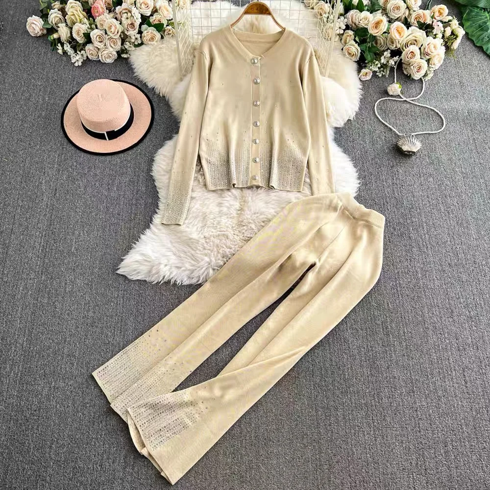 2025 Spring 2 Piece Pant Set Suits Women Diamonds Cardigan + Wide Leg Pants Outfits Vintage Fashion Casual Ladies Matching Set