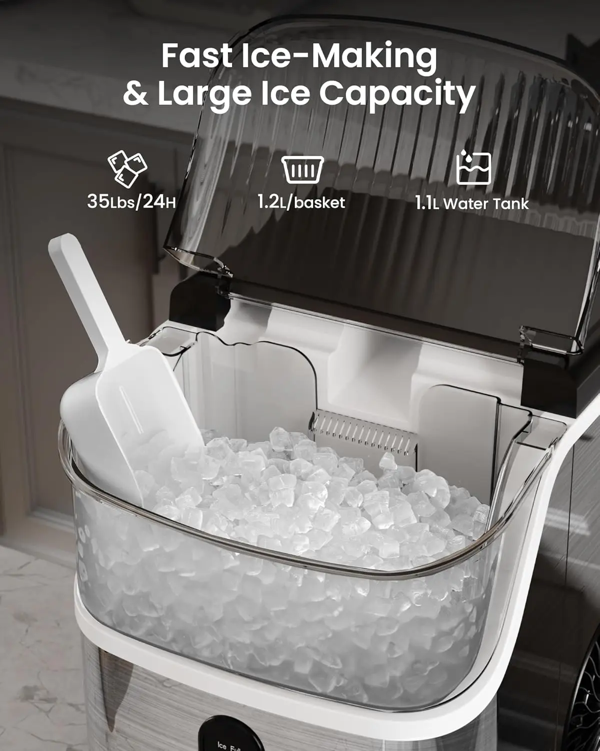 Nugget Pebble Ice Maker com colher, bancada, mastigável, pelota auto-limpante, 35Lbs/24H