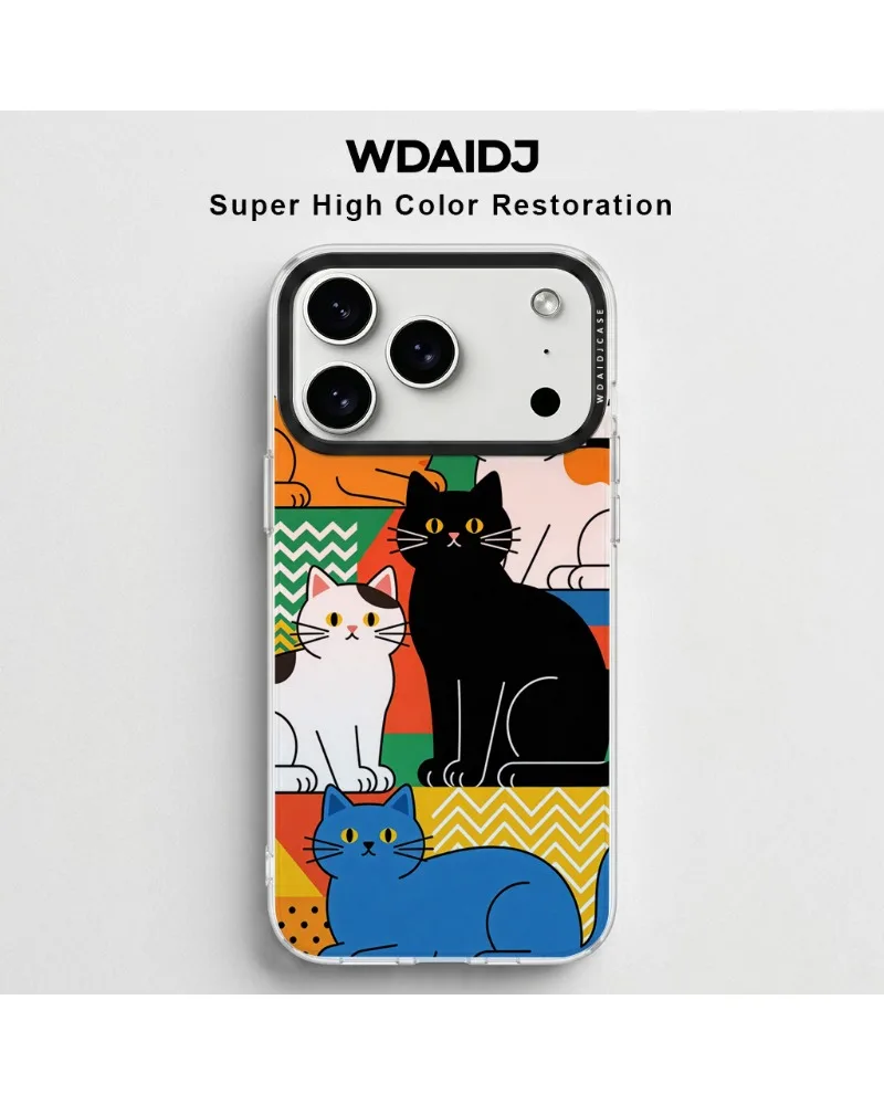 

Geometric Colorful Cat Print Anti Yellowing Clear TPU Phone Case For iPhone 13 14 15 16 17 Shockproof Slim Cover
