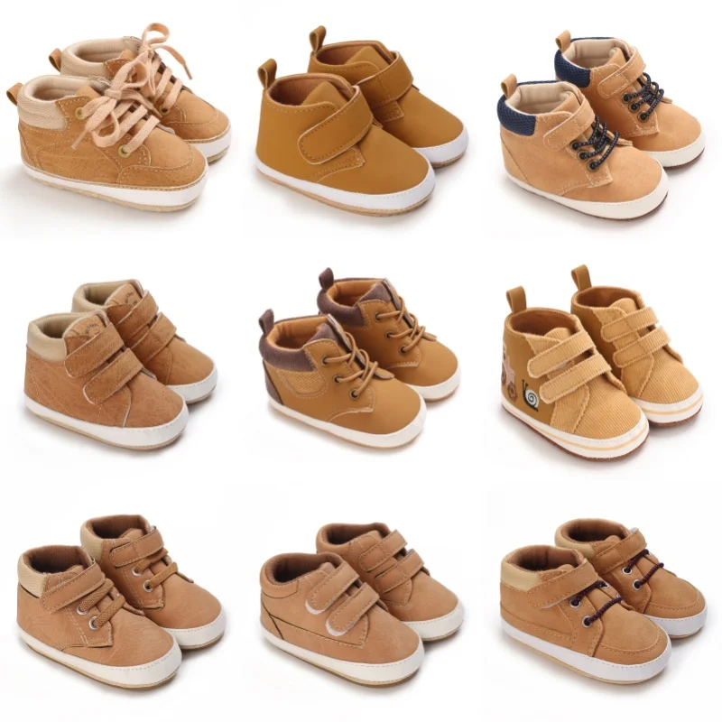 

Spring and Autumn Men's Brown High Top Baby Shoes With Soft Soles and Anti Slip Learning Shoes Baby Shoes With Soft Soles