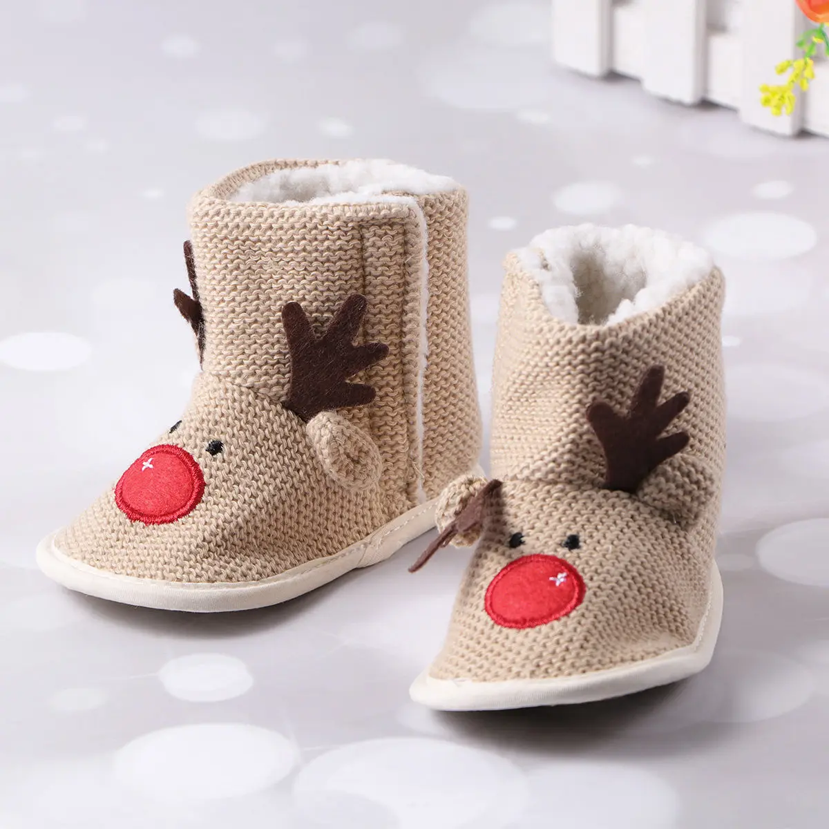

Baby Christmas Elk Pattern Cotton Shoes Warm Bottom Boots Non-Slip Infant Beige Size 1 13cm Soft Winter Shoes Baby's Boots