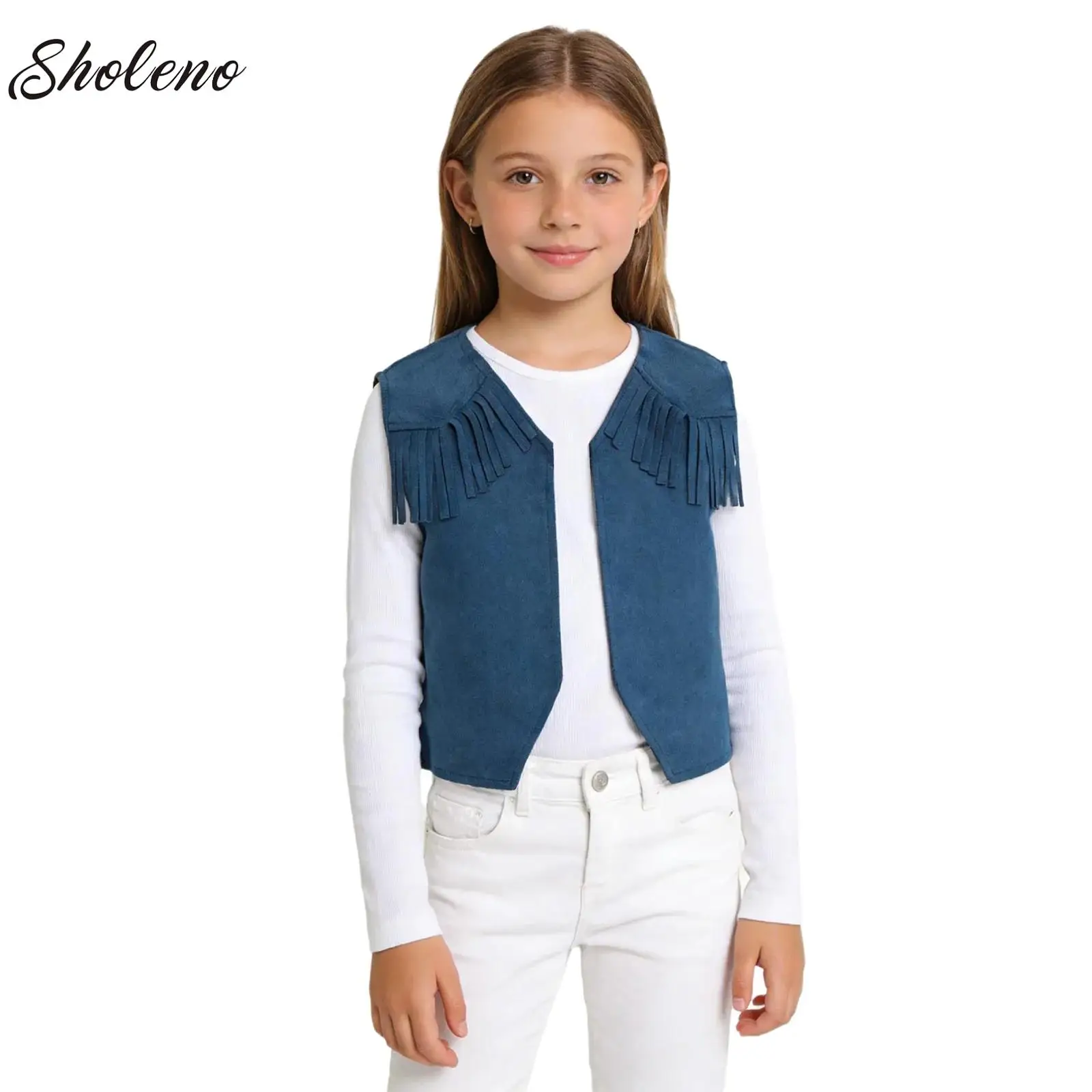 

Girl Halloween Western Cowboy Cowgirl Cosplay Performance Costume Boys Fringe Decor Open Front Vest Waistcoat for Carnival Party