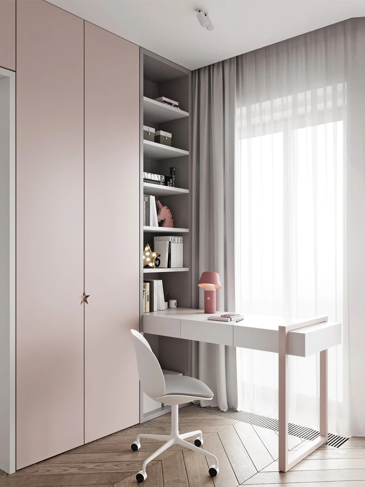 Cream-style minimalist kids' desk with side storage wardrobe corner design for small-sized boys' bedrooms Customization