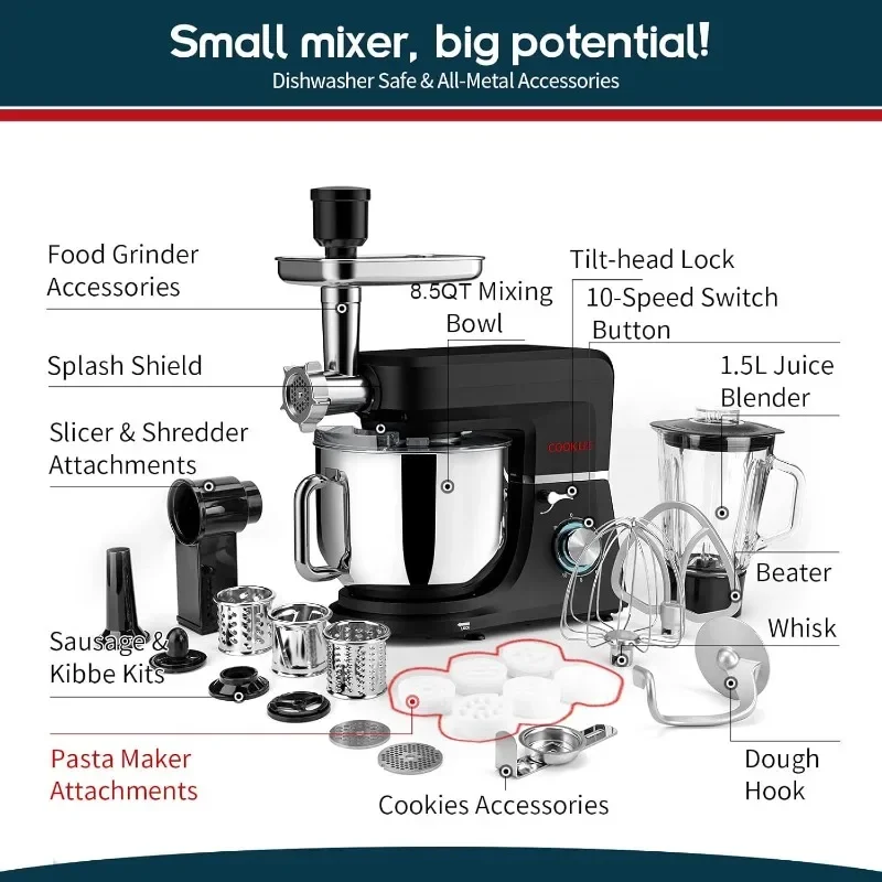 Stand Mixer, 8.5 Qt. Multifunctional Electric Kitchen Mixer with 9 Accessories for Most Home Cooks, SM-1507BM (Black)