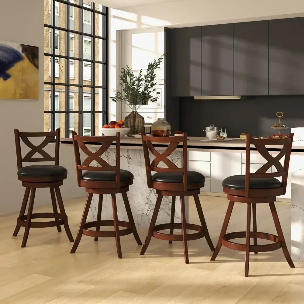 Bar Stools, Classic Counter Height Chairs with X-Shaped Open Back, 4 PCS Swivel Barstool Set for Kitchen Island