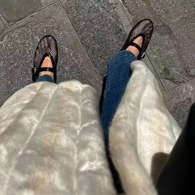 

Net flat fashion sandals new summer round head breathable non-slip line button Mary Jane fishnet shoes ladies shoes