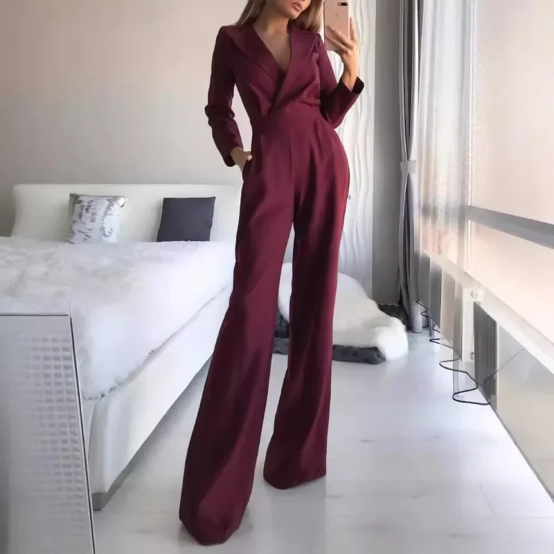 Elegant Women Corset Jumpsuit Onepieces Autumn Office Lady Y2K Long Sleeve Lapel V Neck Wide Leg Pants Overalls Romper Outfits