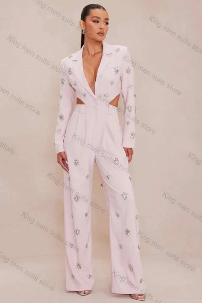 Sexy Hollow 2 Piece Women Suit Pants Set Blazer+Trousers Custom Size Formal Office Crystals Wedding Tuxedos Jacket Prom Coat