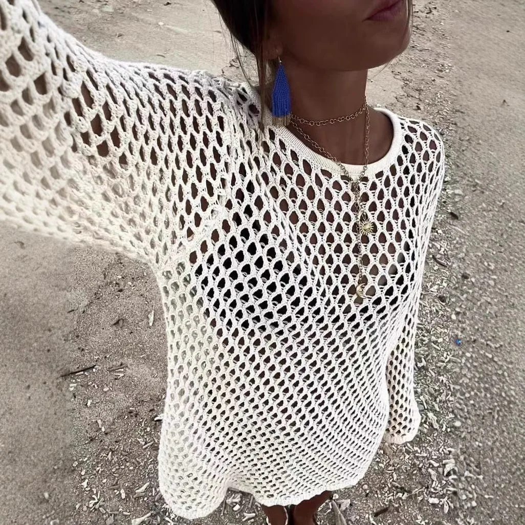

Leisure Hollowed Out Perspective Long Sleeved Loose Fitting Pullover Fashionable Sun Protection Shirt Mid To Long Length
