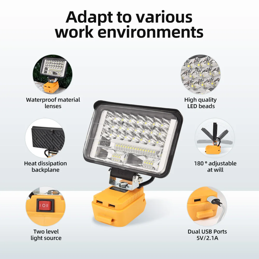 for Dewalt 20V battery wide beam flood light with two USB charging port LED light for emergency workshop garage