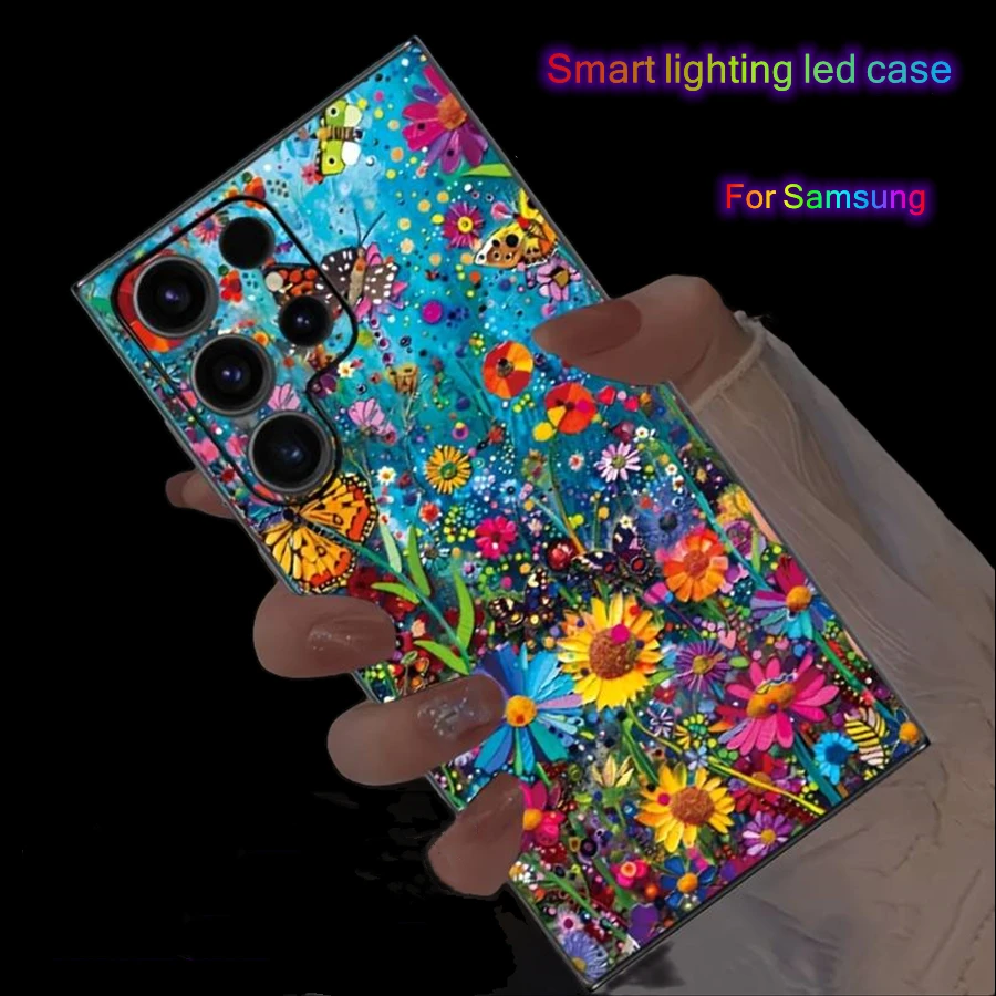 

Butterfly Colorful Flower Led Cover For Samsung S25 S24 S23 S22 Ultra S21 S24 FE A15 A33 A34 A35 A55 A16 5G Luminous Phone Case