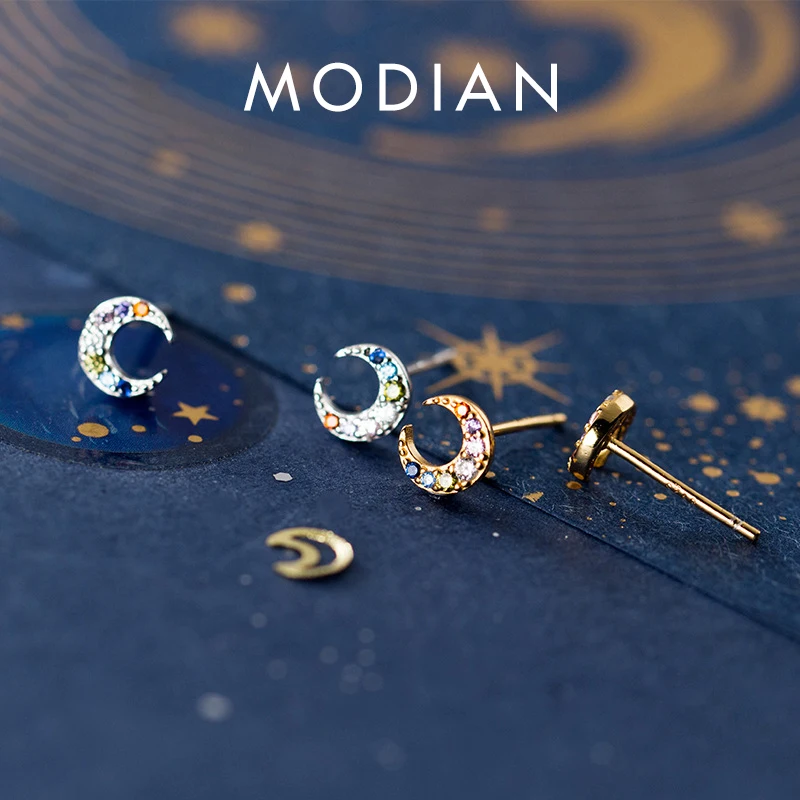 Modian nowy 925 Sterling Silver kolorowy kryształowy księżyc Tiny Stud kolczyk dla kobiet luksusowe Ear Pin Fine Jewelry Student akcesoria