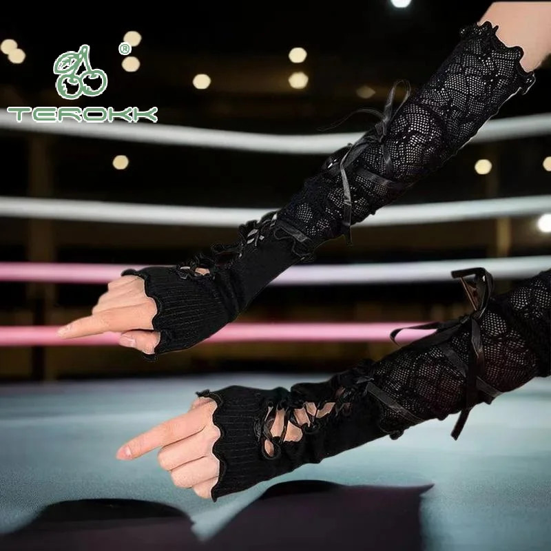 Leuke JK Lolita Gothic Vingerloze Mesh Bloem Kant Elastische Strapping Handschoenen Voor Vrouwen Meisjes Zonnebrandcrème Mouw Kleding Accessoires