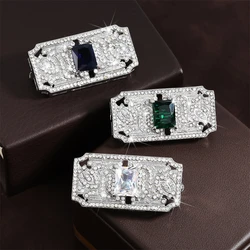 Trendy Square Crystal Silver Color Breastpins For Women Green Geometric Metal Breastpin Blue Party Winter Jewelry