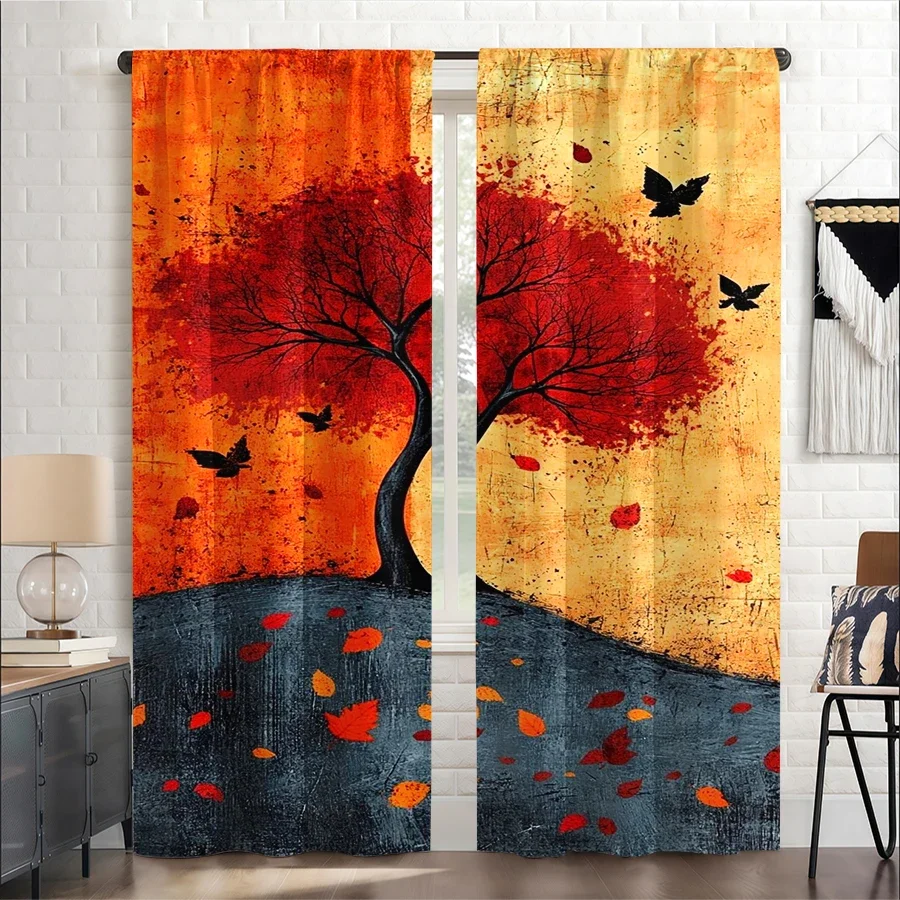 Vibrant Autumn Tree Sunset Curtain Window Drapes Rustic Fall Decor Living Room Home Accent Curtain
