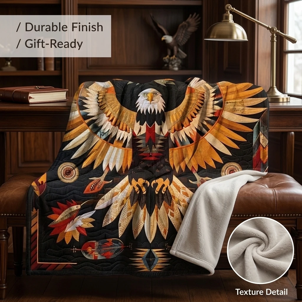 1PC Tribal Eagle with Geometric Patterns Thickened Flannel Blanket, Cozy Portable Fleece Throw, Perfect Gift for Adults
