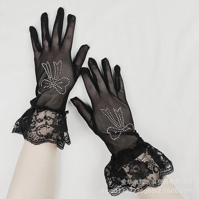 Women Elastic Mesh Hot Stamping With Colored Flash Diamonds Bow Lace Dance Mitten Summer Rhinestone Punk Hip Hop Sunscreen Glove