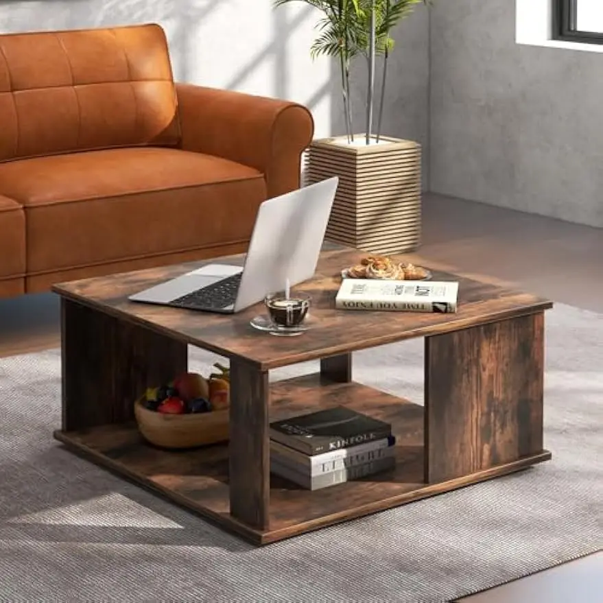 Square Coffee Table, Rustic Brown Cocktail Table with Storage Shelf