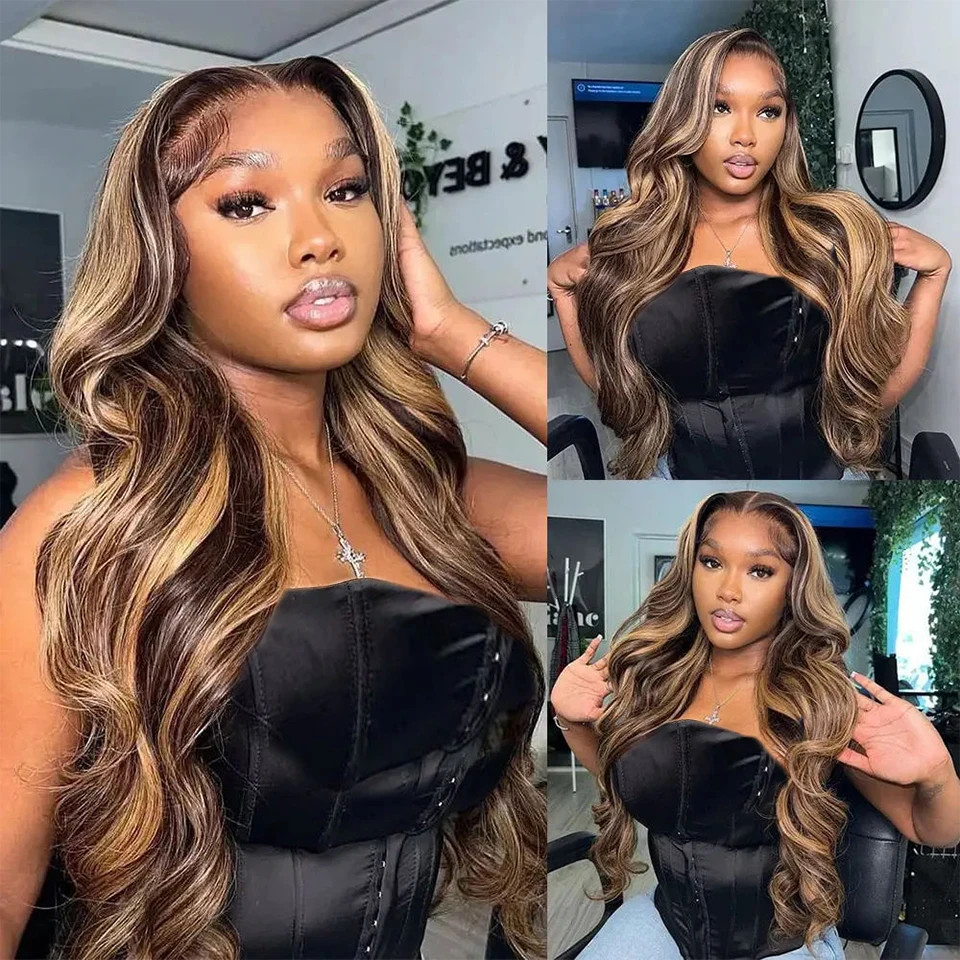 Highlight 27 Color Wig Human Hair Body Wave 4x4 Lace Closure Wig Color 4 27 Brazilian Colored Lace Part Middle Wigs P4 30 Color