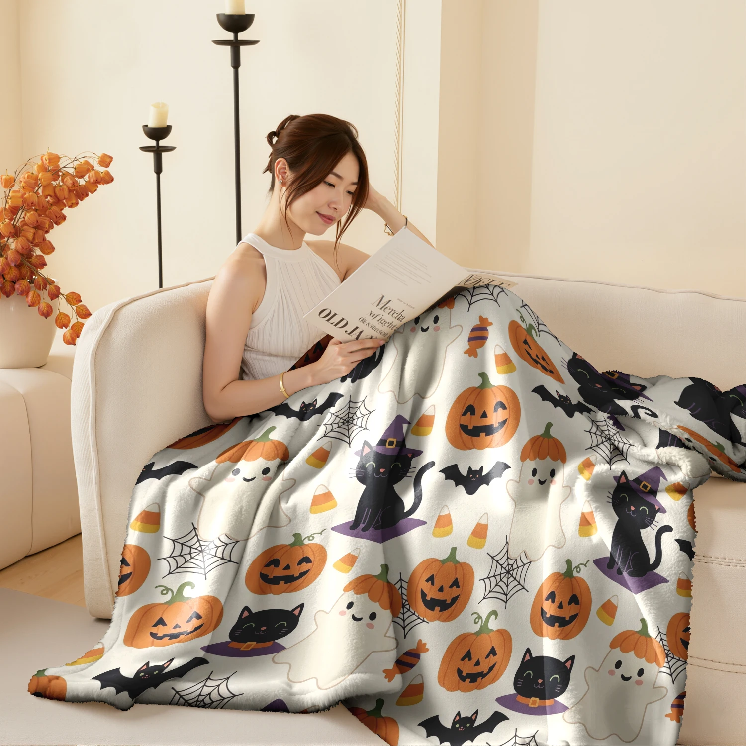 Soft Flannel Fleece Helloween Blanket Digital Print Super Warm Cozy Throw Blanket for Bed Couch Sofa Home Decor Gift,Style 01