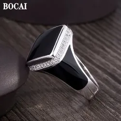 BOCAI New Vintage Inlaid Gemstone Men's Ring Real 925 Silver Jewelry Fashion Simple Black Diamond Shaped Epoxy Birthday Gift