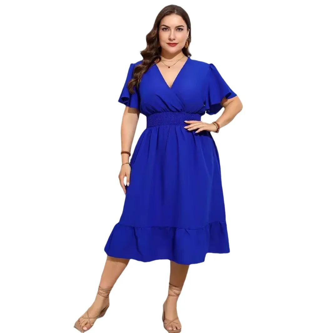 Ele مقص الخصر V-Ne اللون بالإضافة إلى حجم Dr Gentle Sle Tee-Quarter Sve Midi Dr عبر الحدود Faion