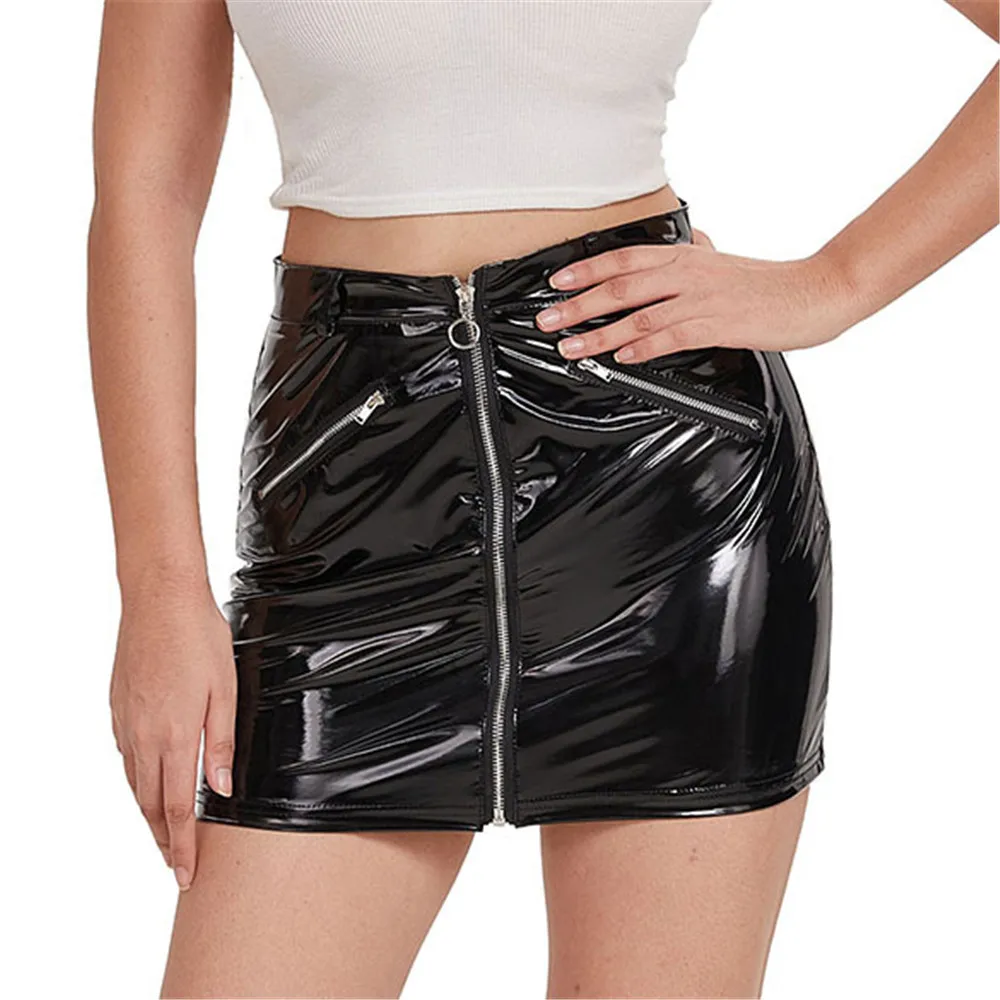 Feminino sexy brilhante molhado olhar pvc couro apertado mini saias zíper bodycon moda senhoras látex saias curtas dança festa clubwear